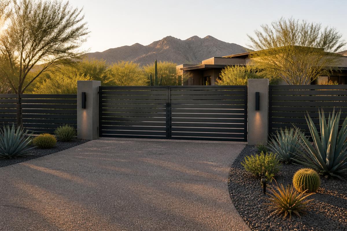 Modern metal driveway gate with matching perimeter fencing on a desert-landscaped property