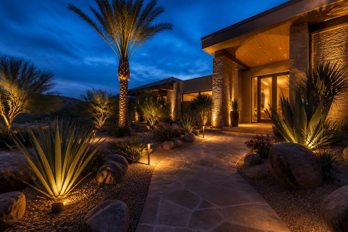Warm landscape lighting illuminating a stone walkway and desert plants at dusk