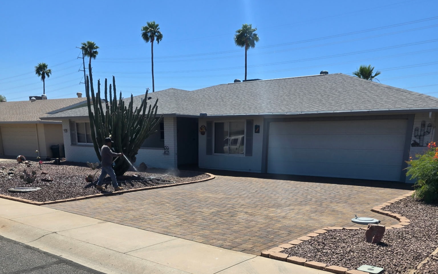 Completed paver driveway with desert landscaping, mature cactus, and an Ace Oasis crew member watering the front yard